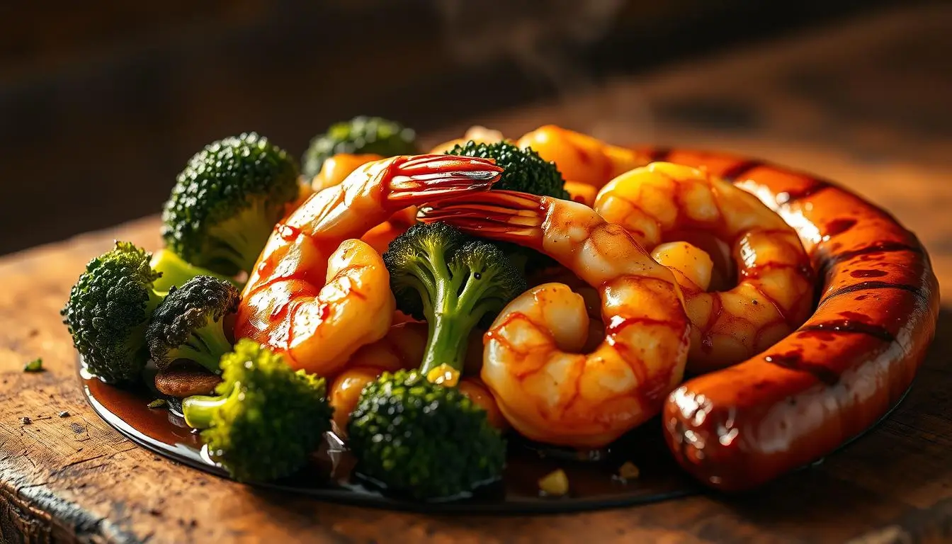 honey garlic shrimp with sausage and broccoli