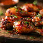Smoked chicken legs with crispy golden skin on cutting board