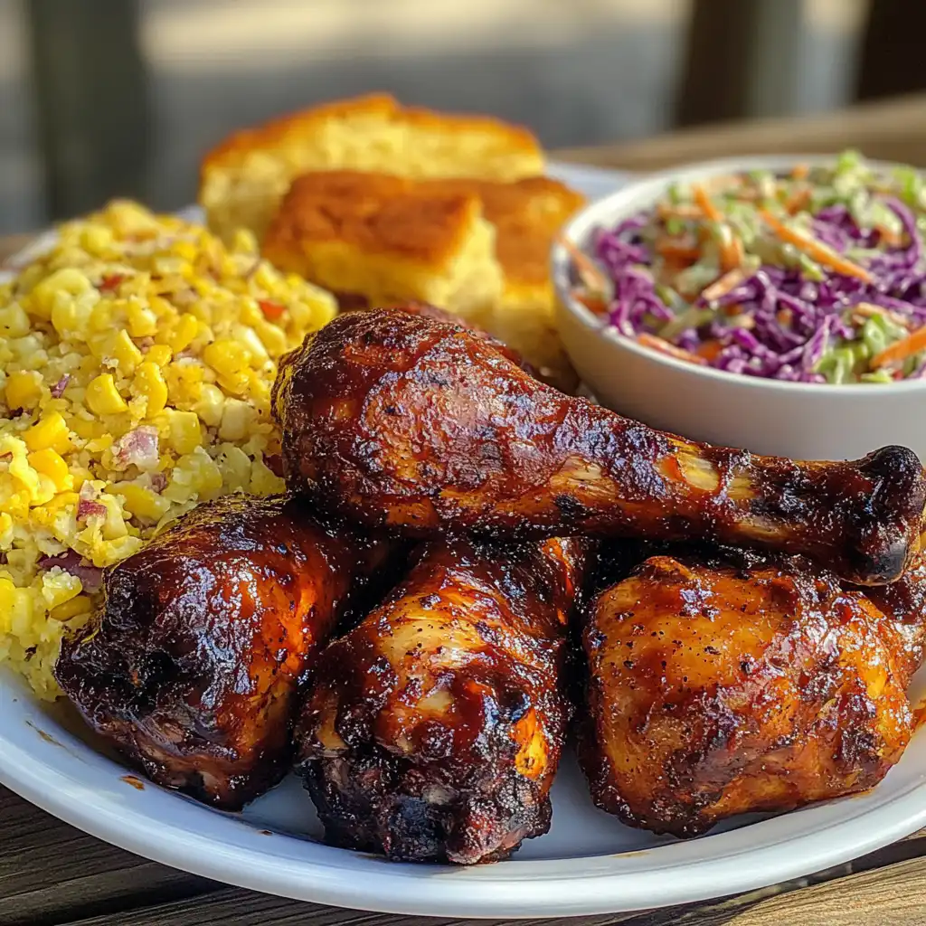 Plated smoked chicken legs with BBQ sauce and sides