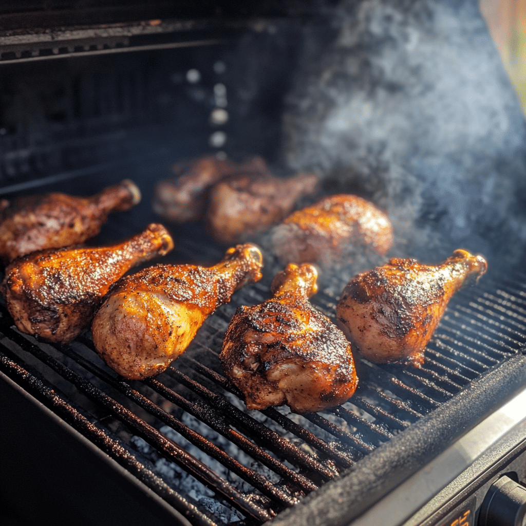 Chicken legs smoking on grill at 275 degrees Fahrenheit