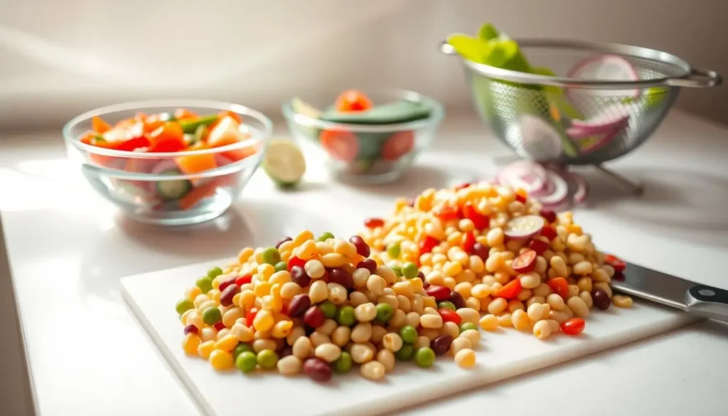 A brightly lit countertop clean and uncluttered with an array of fresh ingredients