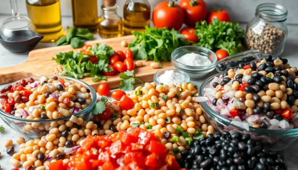 A vibrant still life of the essential ingredients for a dense bean salad.