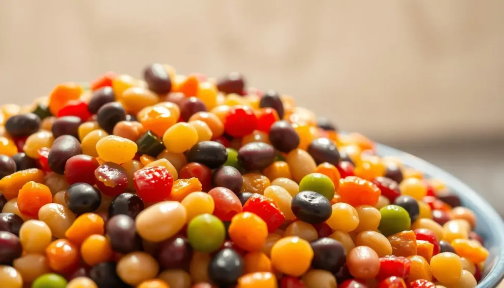 Detailed close up of a dense and vibrant bean salad reflecting the recent TikTok trend.