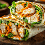 Buffalo chicken wing wrap cut in half showing juicy chicken and creamy cheese