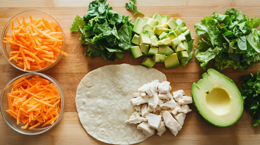 Chicken wrap ingredients prepared on cutting board

