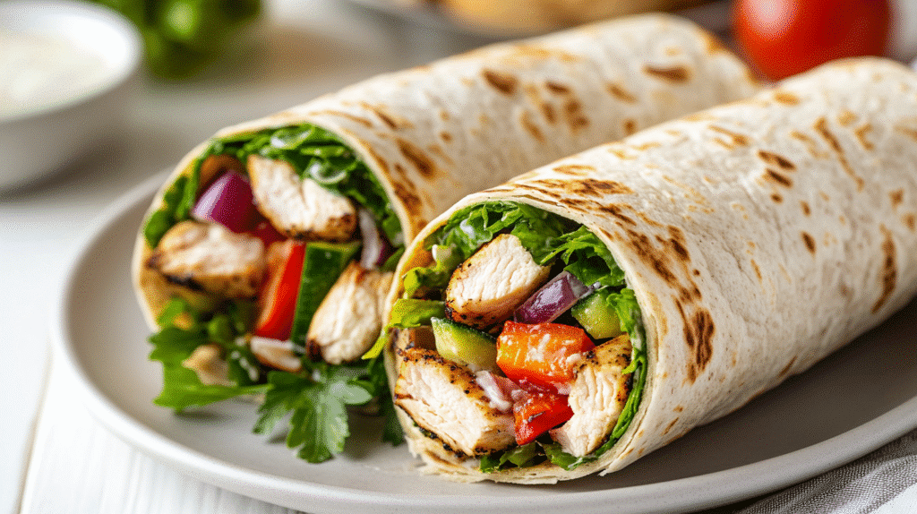 Healthy whole wheat chicken wing wrap with Greek yogurt ranch