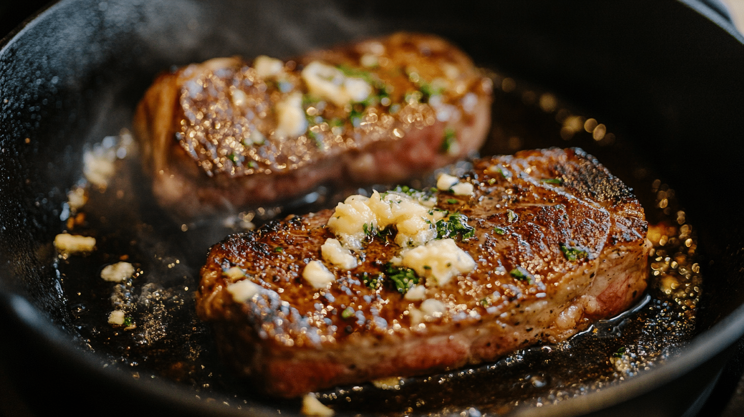 searing garlic butter steak searing steak with garlic butter in skillet