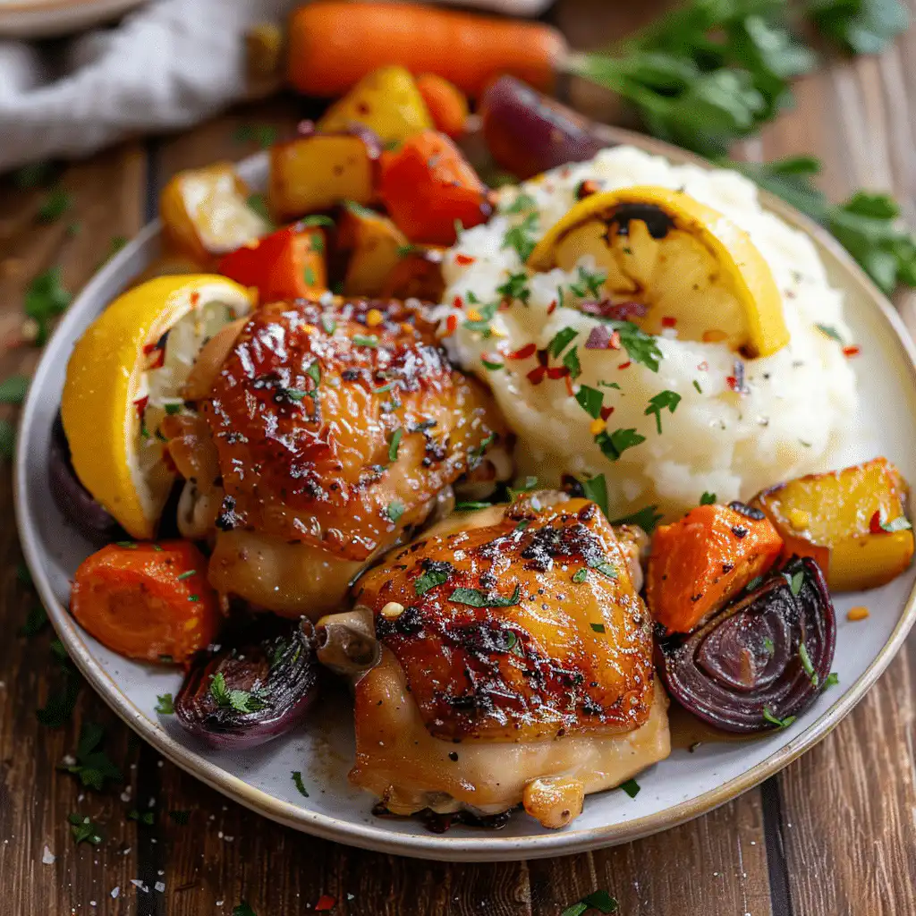 Serving of baked boneless skinless chicken thighs with lemon and parsley on a dinner plate