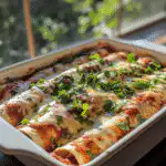 Easy chicken enchilada recipe with melted cheese in baking dish