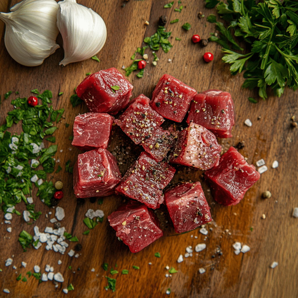 Seasoned raw steak cubes for garlic butter steak bites