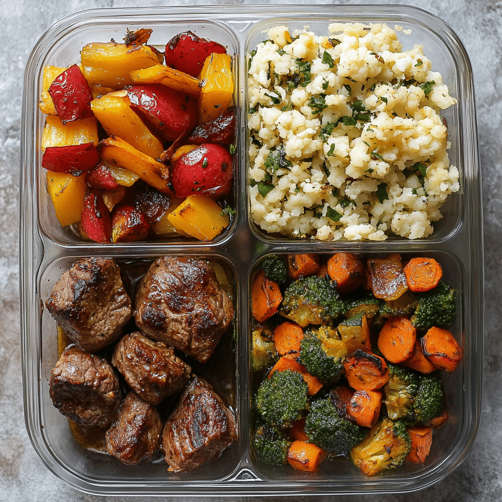 Garlic butter steak bites in meal prep containers