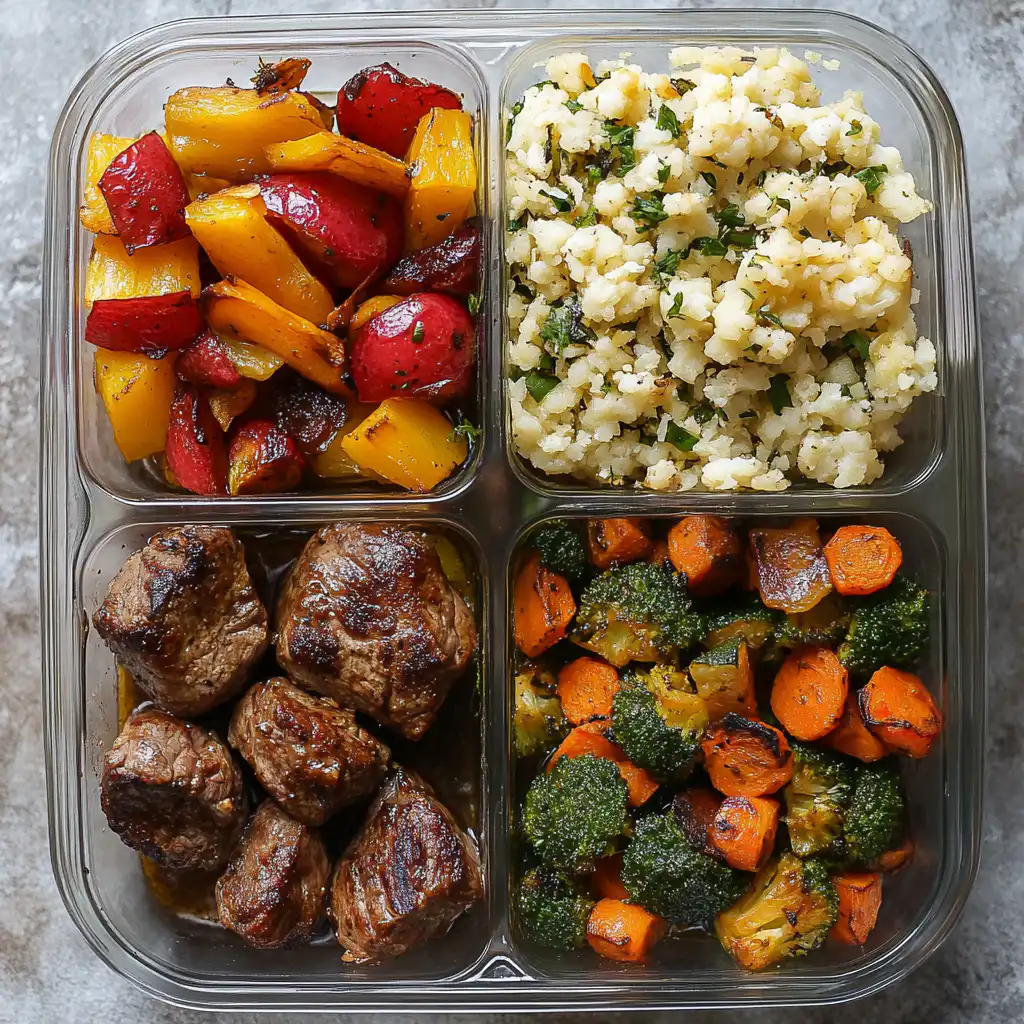 Garlic butter steak bites in meal prep containers