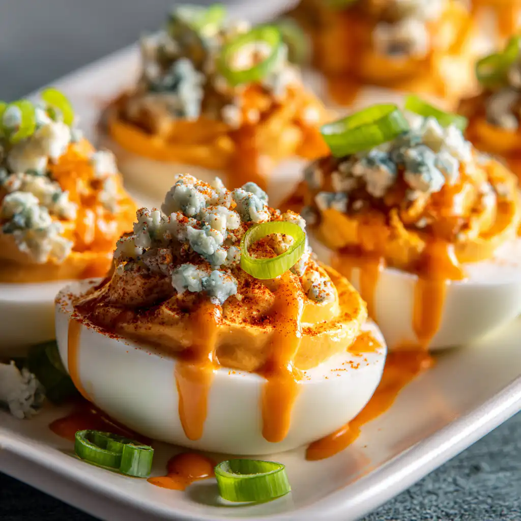 Buffalo Blue Cheese Deviled Eggs on white platter with buffalo drizzle