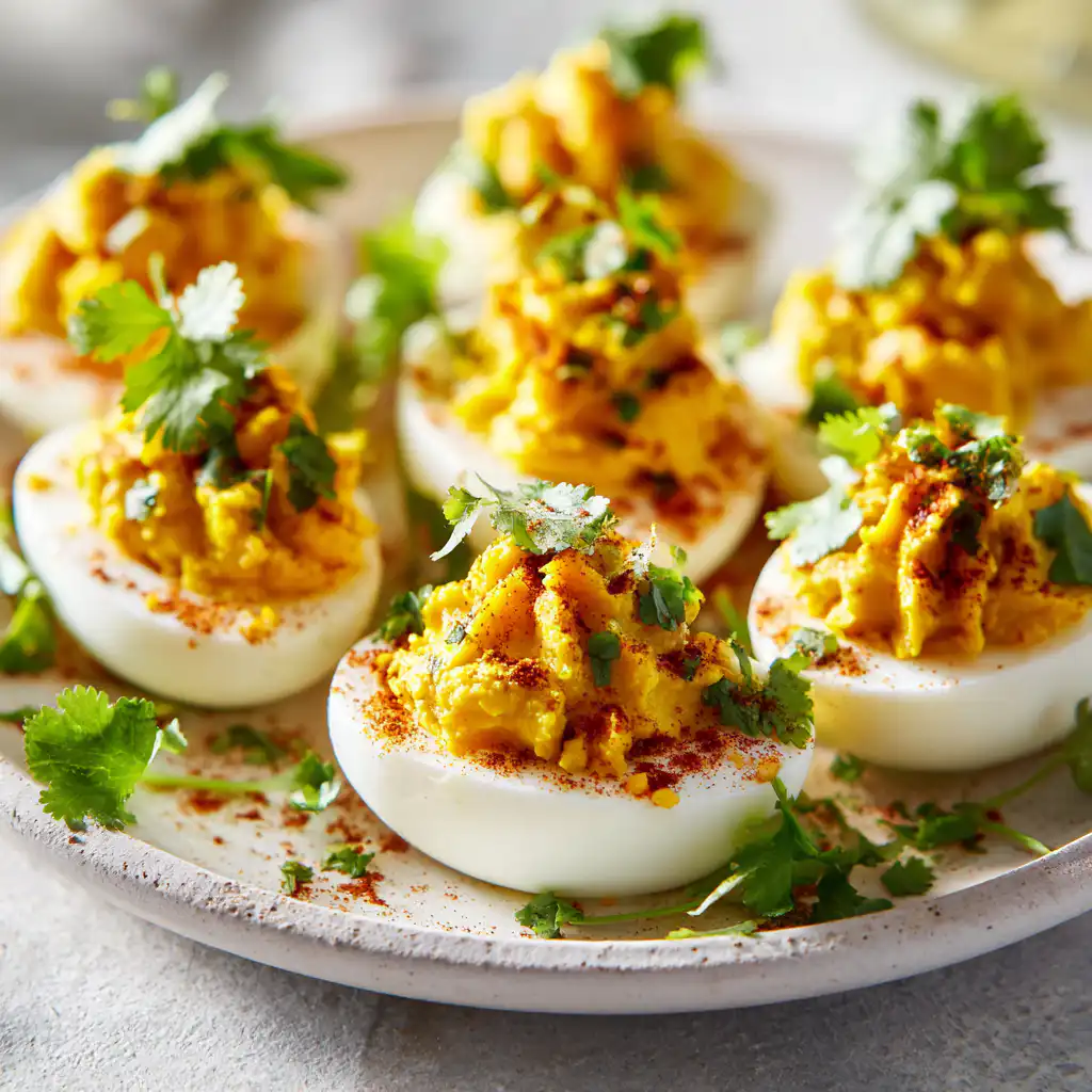 Curry Mango Deviled Eggs with golden filling and cilantro garnish