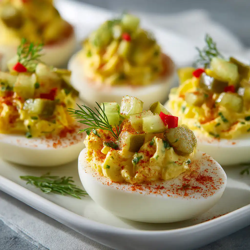 Pickle Lover’s Deviled Eggs topped with chopped dill pickles and paprika