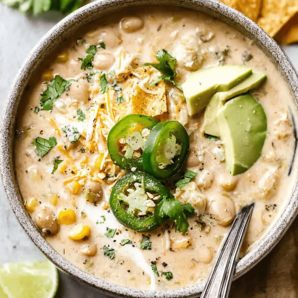Easy White Bean Enchilada Soup with avocado and cilantro garnish