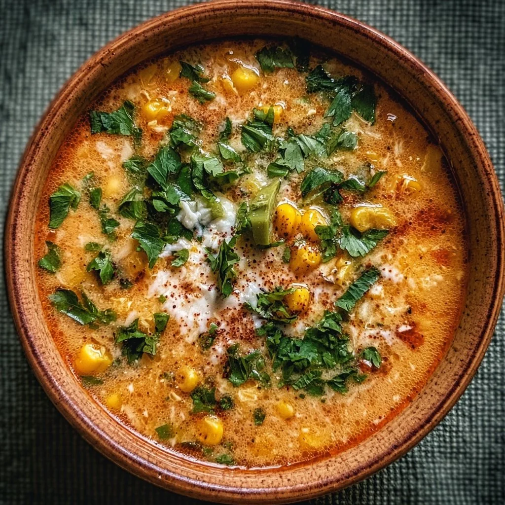 Bowl of Mexican street corn soup topped with fresh cilantro and lime.