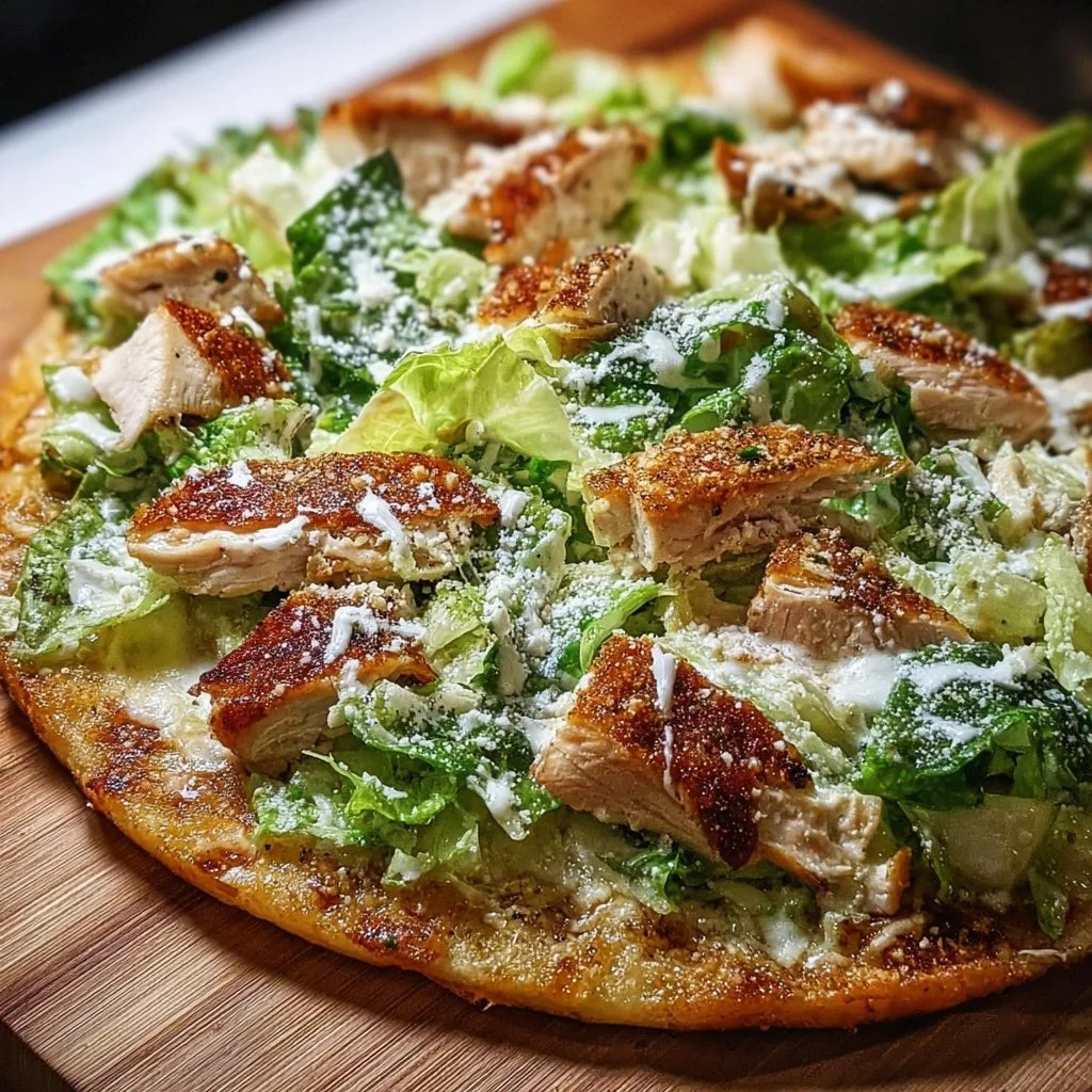 Homemade Chicken Caesar Salad Pizza topped with crispy romaine and Caesar dressing