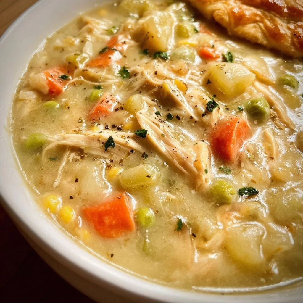 Bowl of creamy chicken pot pie soup garnished with parsley and bread on the side