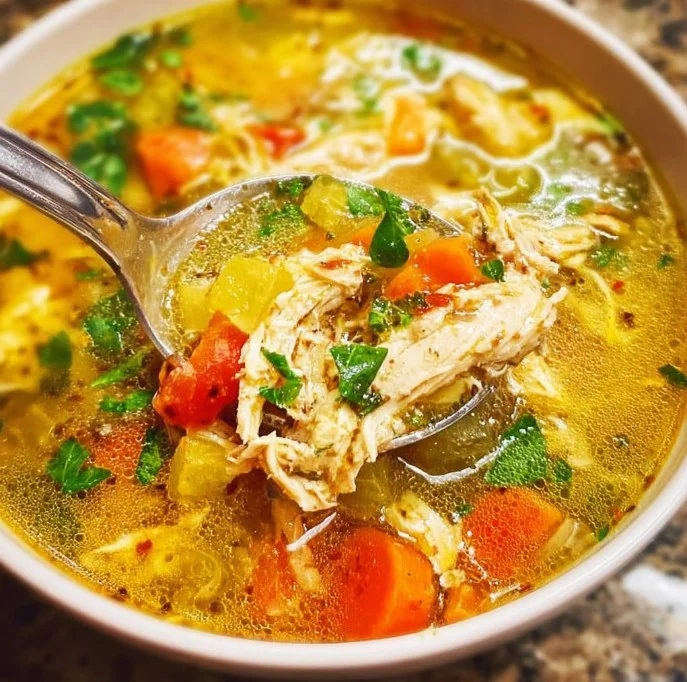 Bowl of Detox Vegetable Chicken Soup with fresh ingredients for a healthy meal.