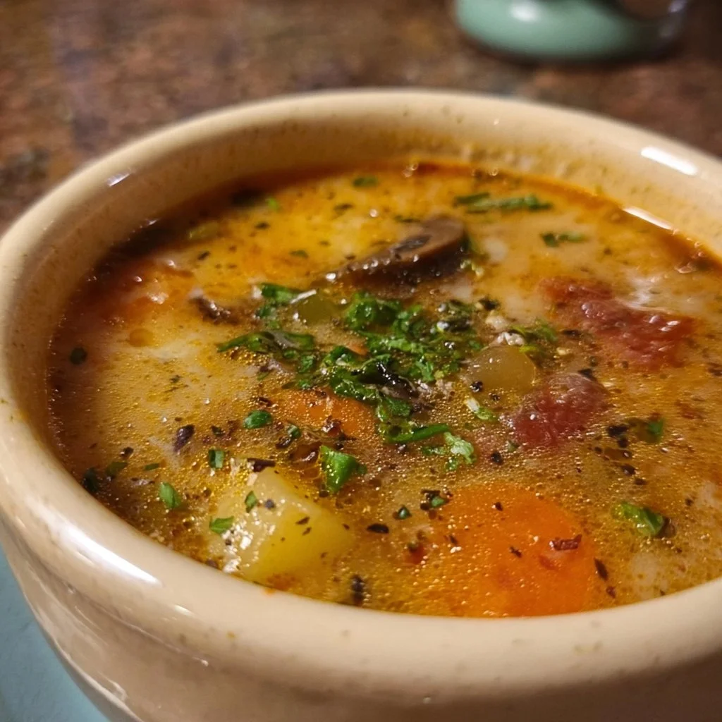 Bowl of Knock Your Socks Off Crock Pot Soup with fresh ingredients and herbs