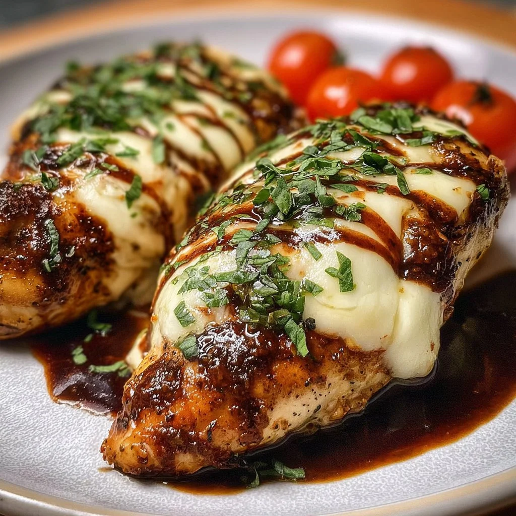 Oven-baked balsamic chicken topped with mozzarella cheese served on a plate