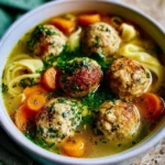 A bowl of hearty Chicken Meatball Soup garnished with herbs