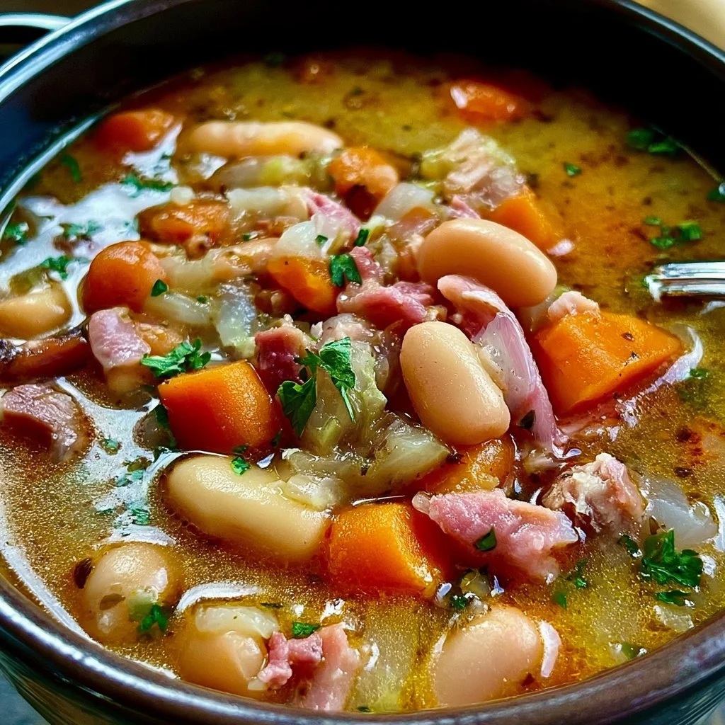 Bowl of ham bone bean soup garnished with herbs and spices