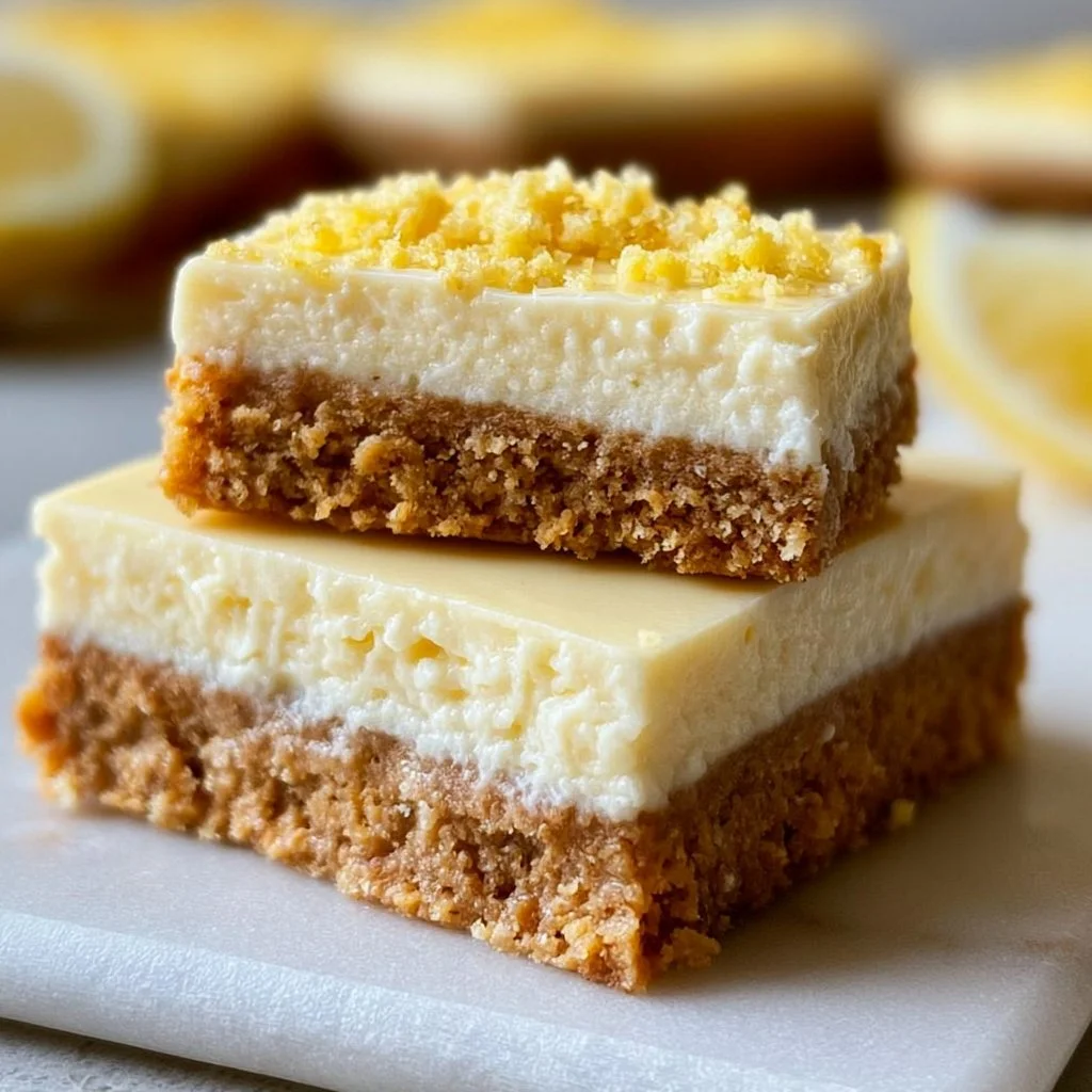 Lemon Cheesecake Protein Bars topped with zest and drizzled with lemon frosting