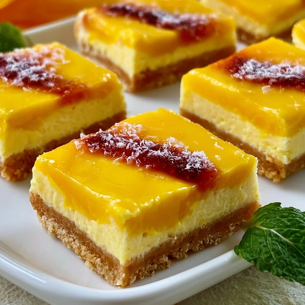 Delicious mango curd bars topped with mango slices and mint leaves.