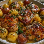 One-Pan Cowboy Garlic Chicken with Potatoes dish ready to serve