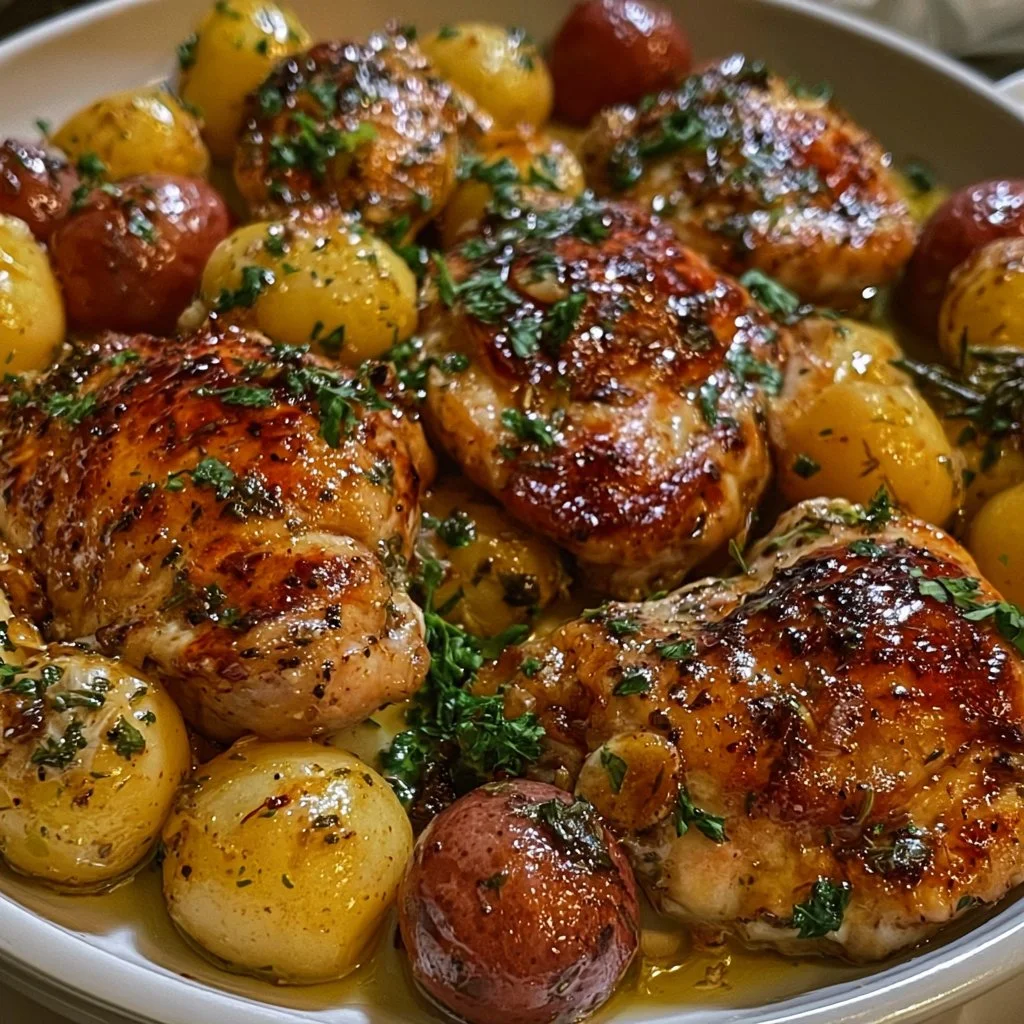 One-Pan Cowboy Garlic Chicken with Potatoes dish ready to serve