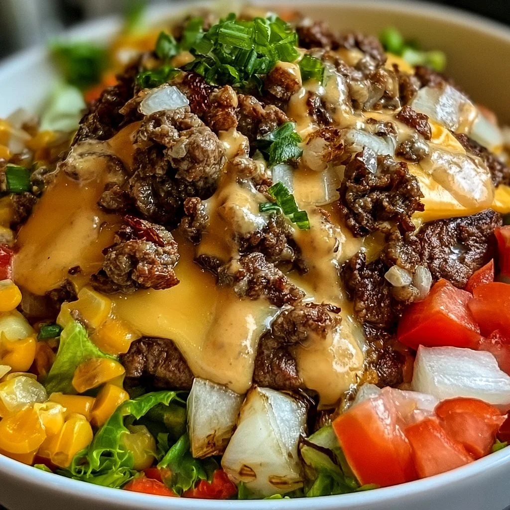 Savory smash burger bowl with fresh toppings and ingredients for a low-carb meal