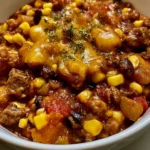 Delicious slow cooker cowboy casserole served in a bowl with toppings