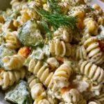 Zesty Dill Pickle Pasta Salad served in a bowl garnished with dill.